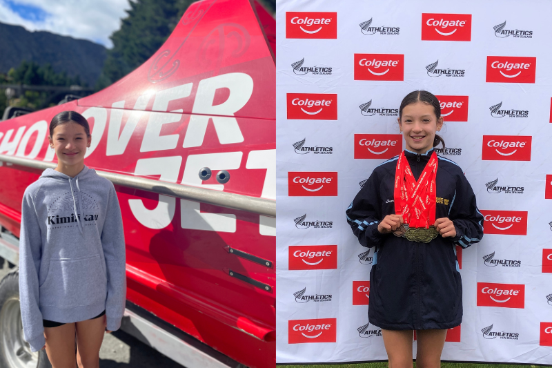 The image is split into two parts. On the left, a girl wearing a grey hoodie stands in front of a red "Shotover Jet" boat, smiling at the camera. On the right, the same girl is posing proudly with sev