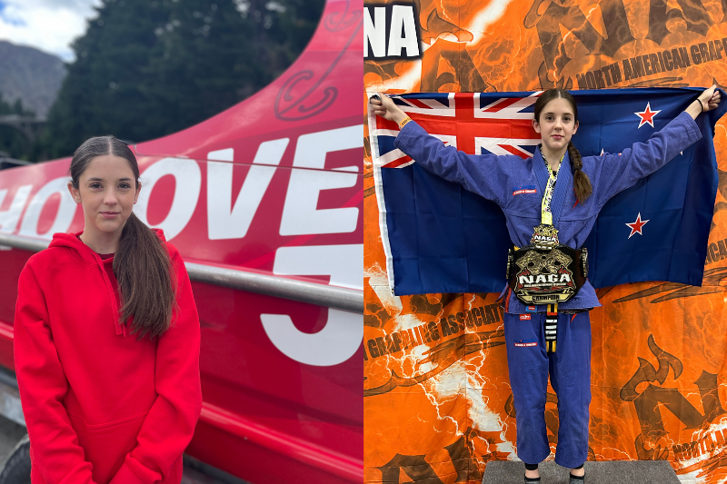  The image is split into two parts. On the left, a young girl in a red hoodie stands in front of a "Shotover Jet" boatOn the left, a young girl in a red hoodie stands in front of a "Shotover Jet" boat. On the right, the same girl, holding the New Zealand 